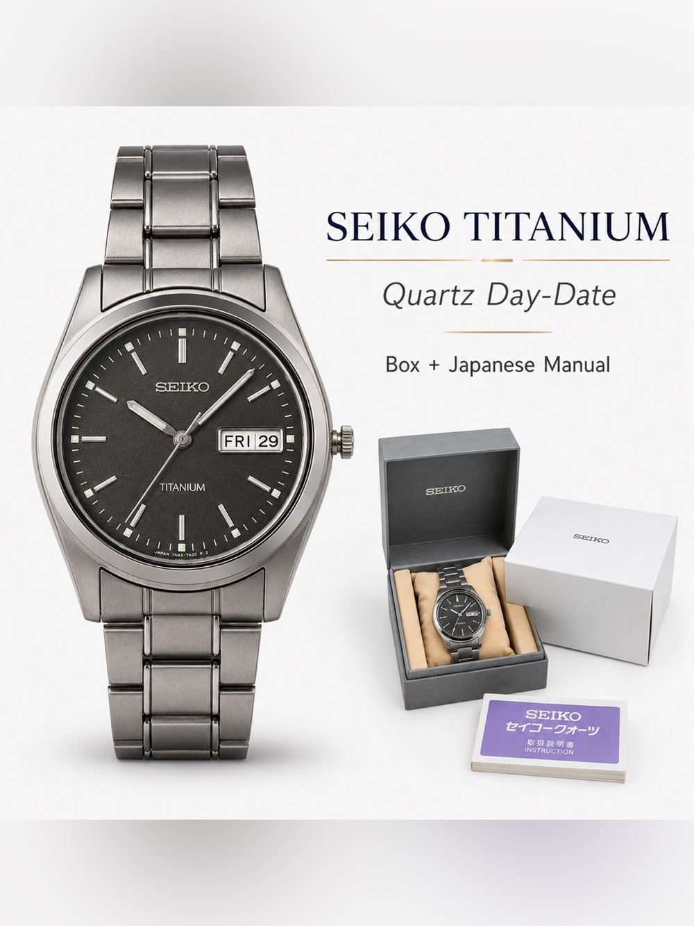 Seiko Titanium Quartz Day-Date Watch 7N43-7B20 Japan w/ Box & Manual